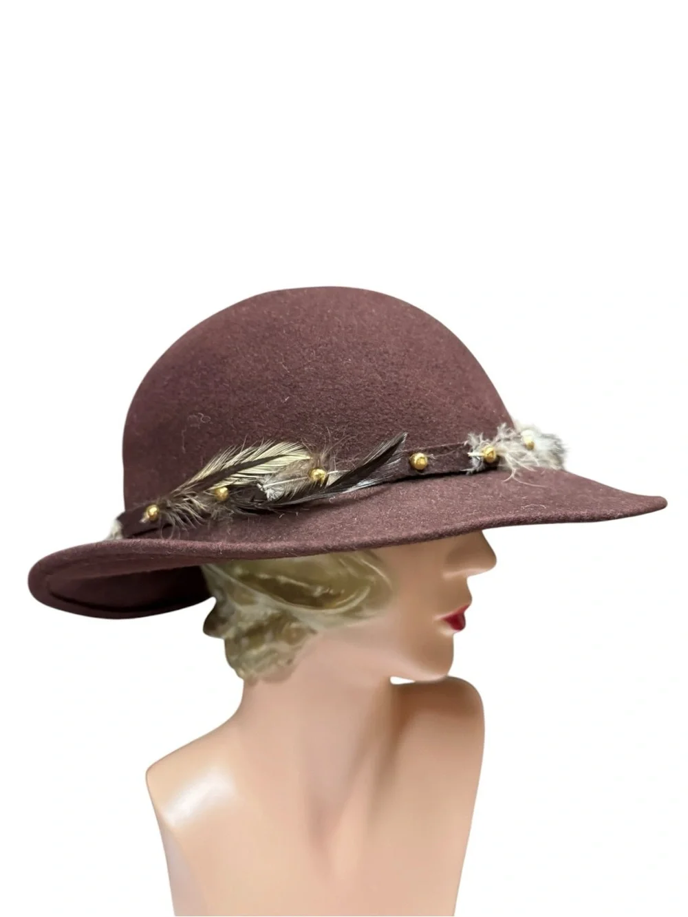 Vintage Smart Alex Brown Wool Wide Brim Hat with Feather Trim